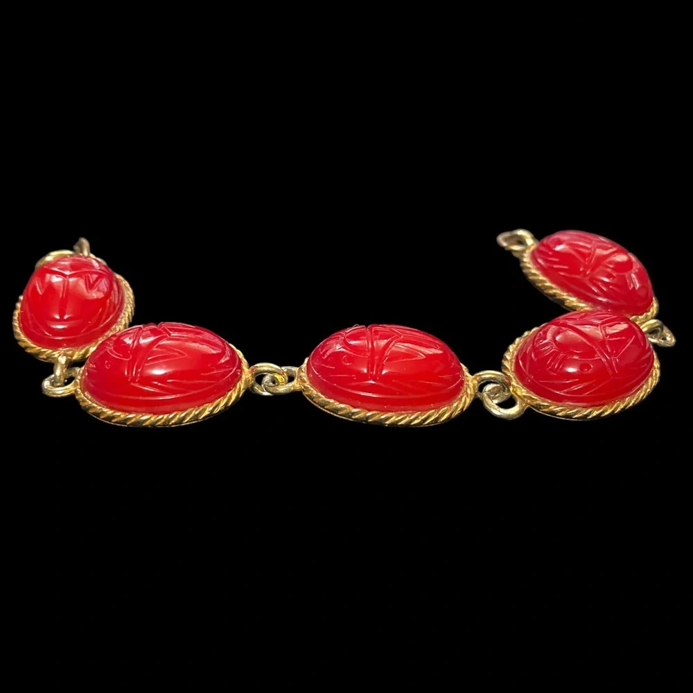 Vintage Red Czech Glass Egyptian Scarab‎ bracelet beetle MCM costume jewelry